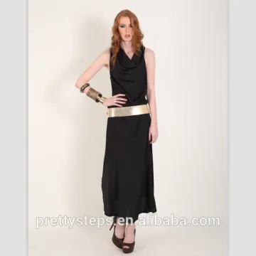 PRETTY STEPS 2016 black long dress with gold waist belt for slim women dress