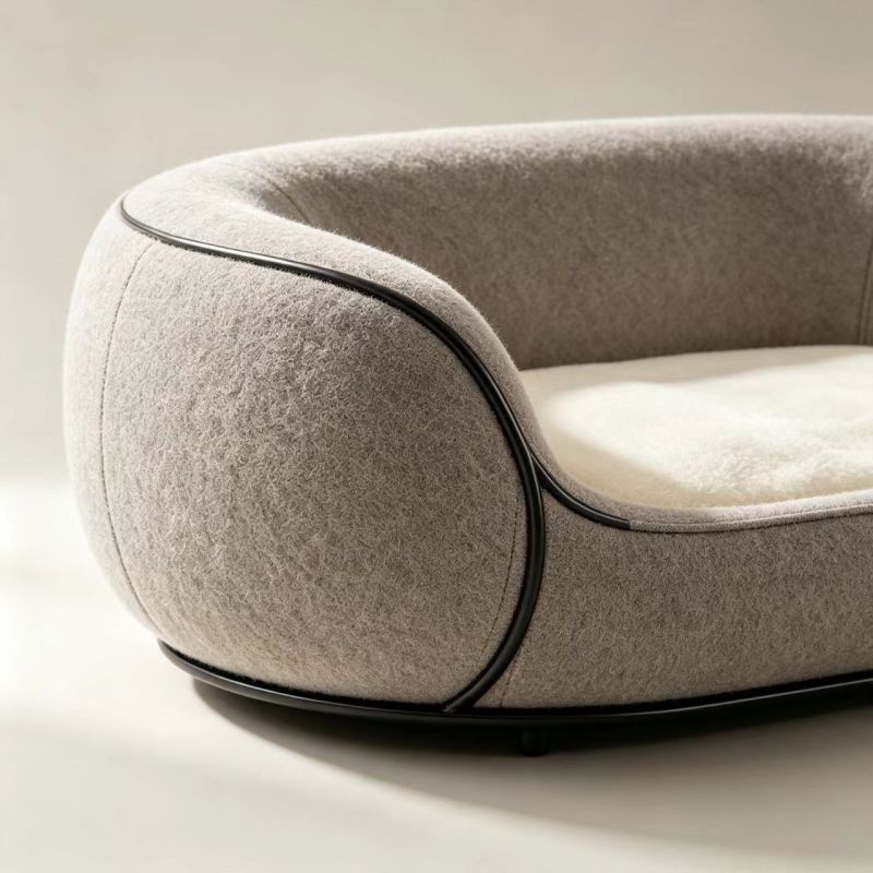 Premium Oval Dog Bed | Minimalist Luxury Pet Sofa | Soft Wool-Like Fabric | Light Gray with Ivory Lining | Matte Black Metal Tri