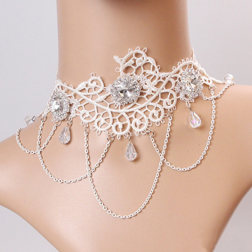 Collier de mariée dentelle blanche Pendentif Cristal gland