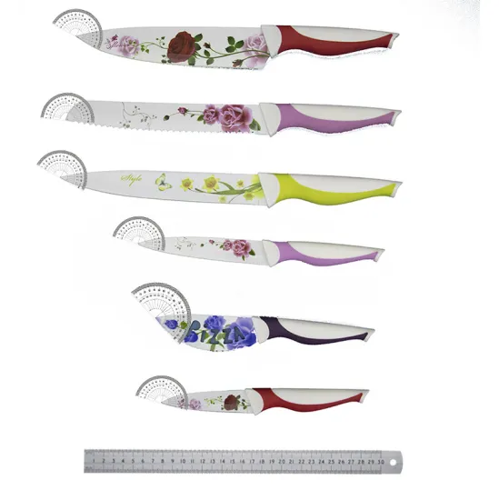 High Quality Stainless Steel Color Printing Knife Set with Pizza and Fruit Knives, English Gift Box Packaging