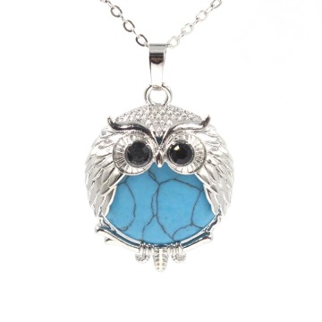 Blue Turquoise 24mm Beads Silver Owl Pendant Necklace Choker Jewelry