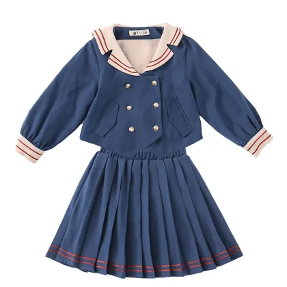Autumn lapel long-sleeved shirt girls clothing suit blue pleated skirt girls 2 piece clothing sets