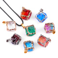 Glass Crystal 22mm Cube Pendant Gilded Gold Necklace 45cm Black Cord