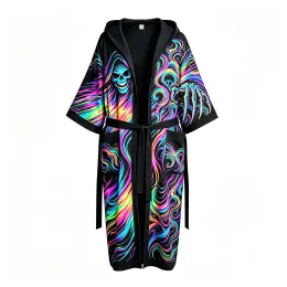 Glowing Neon Skull Hooded Robe Rainbow Swirl Blacklight Party Cover-Up