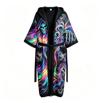 Glowing Neon Skull Hooded Robe Rainbow Swirl Blacklight Party Cover-Up