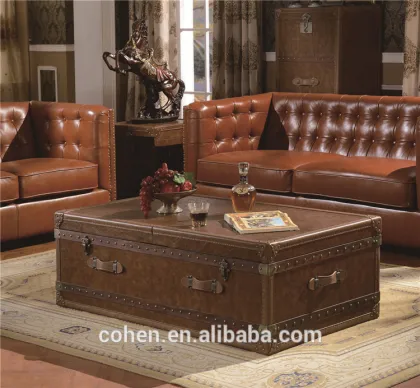 High quality American antique style home furniture leather storage coffee table