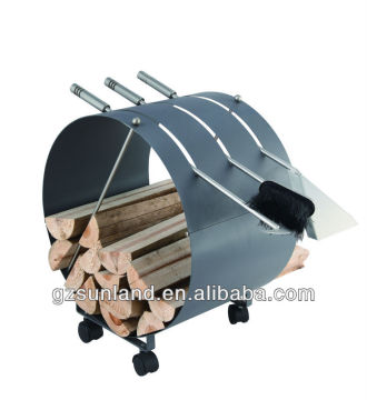 4-pcs fireplace tools with log carrier,stainless steel& gray