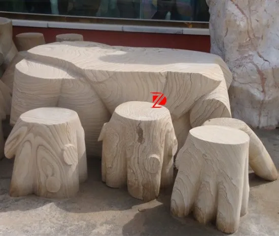 natural stone outdoor table with wooden tree shape