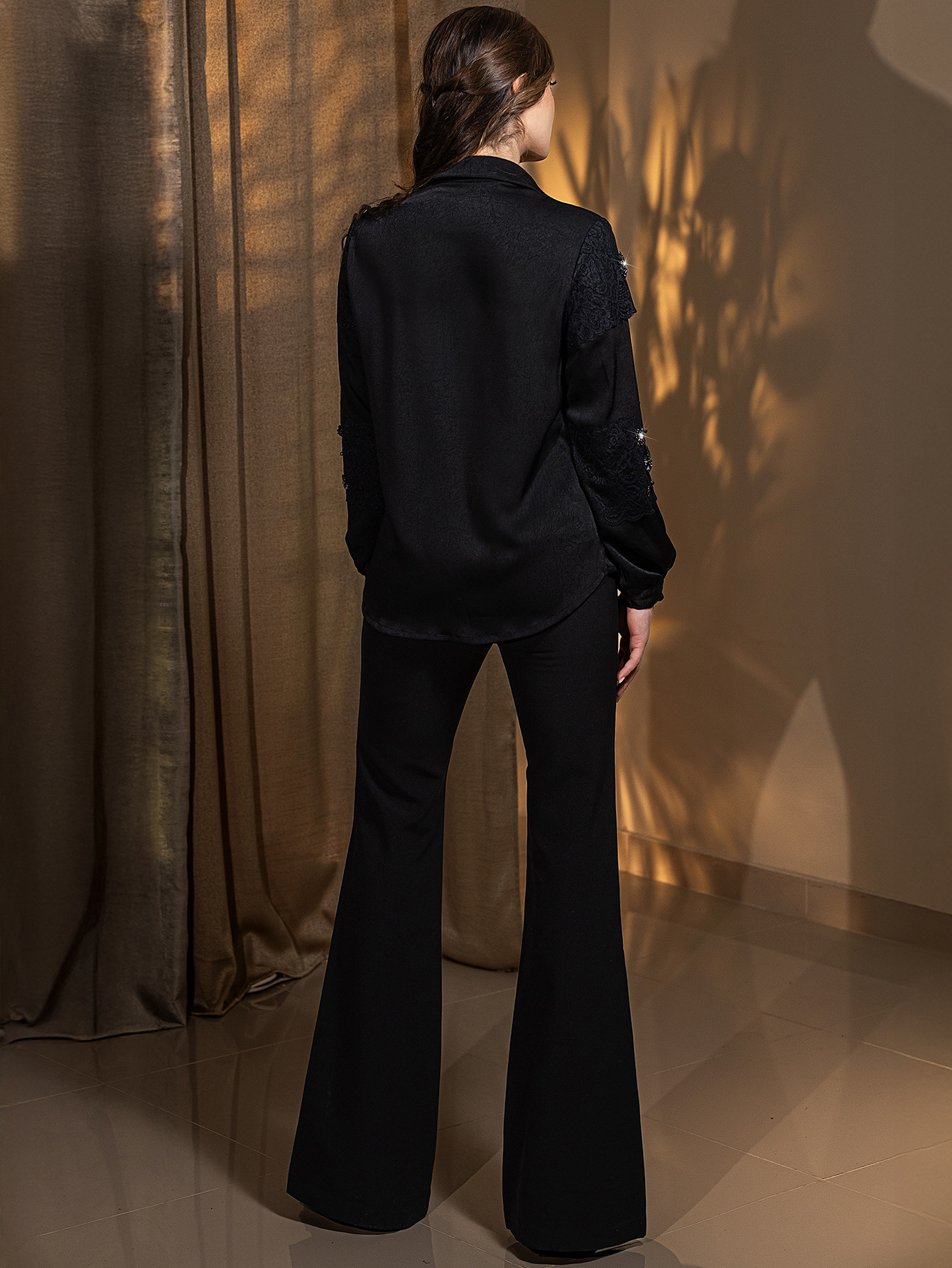Black Lace Crystal Embellished Long Sleeve Blouse Back Detail