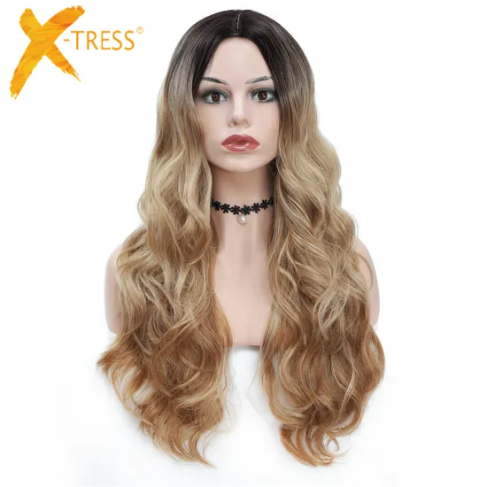 X-TRESS Black Root Light Brown Synthetic Hair Wig  Long Wavy Ombre Colored Mink Wholesale Machine Made Wigs For Women