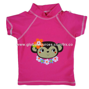 Girls' Rashguard, Short Sleeves, Cute Monkey Print on Front, UPF50+