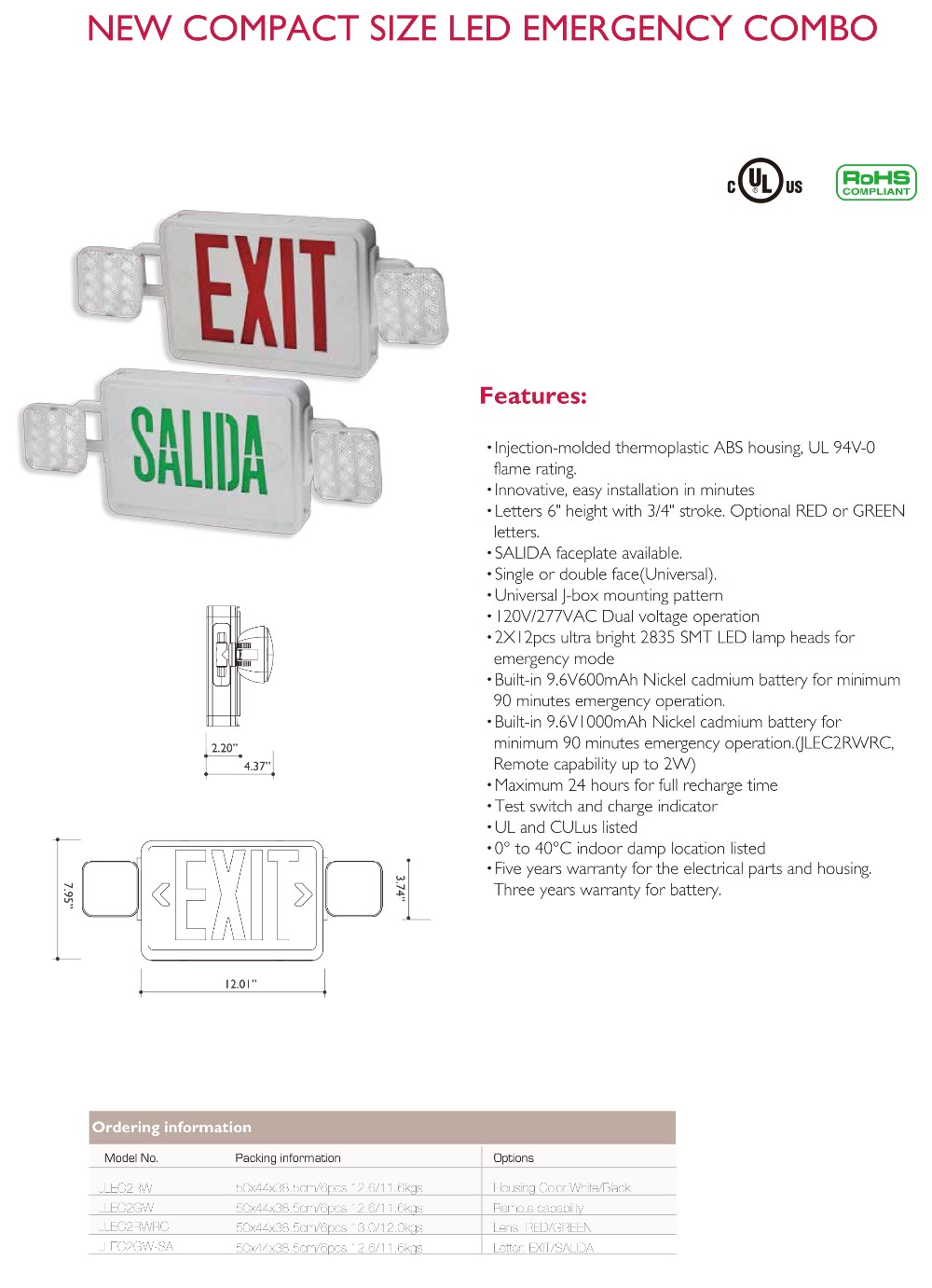 Factory direct sales UL Listed LED Emergency Light Combo exit sign JLEC2RWZ3