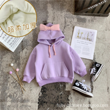 Children's solid color plus velvet hoodie for girls bow hooded toddler hoodie