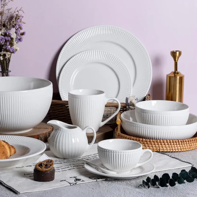 Contemporary Porcelain White Ribbed Dinner Set