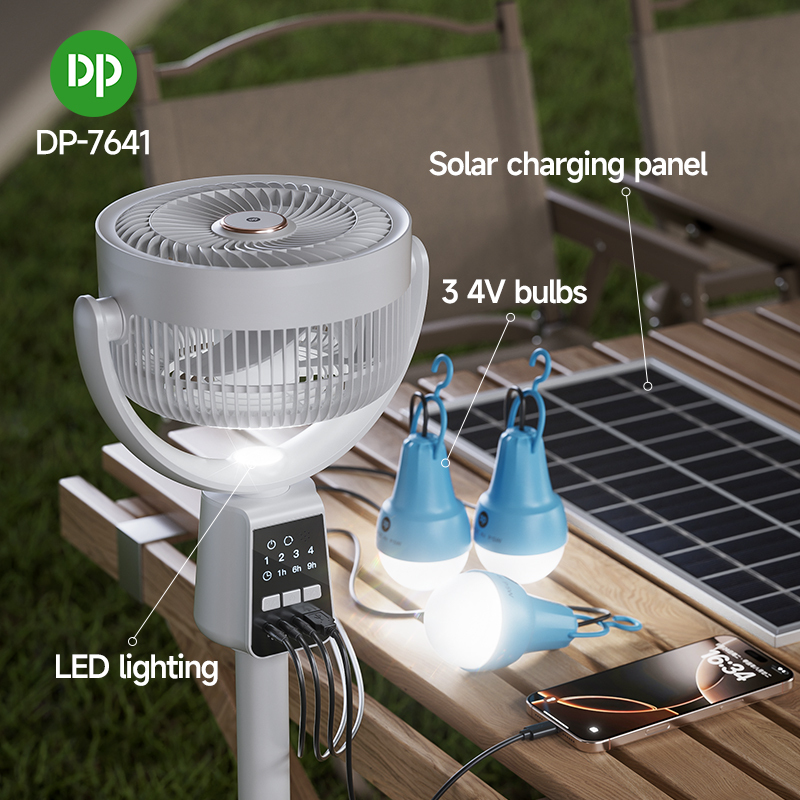 7`` Solar Rechargeable Standing Remote Fan with Bulbs-7641