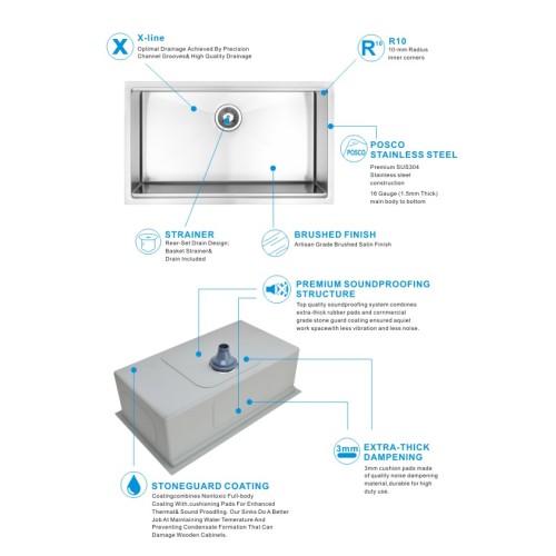Undermount skutella waħda tal-istainless steel kċina