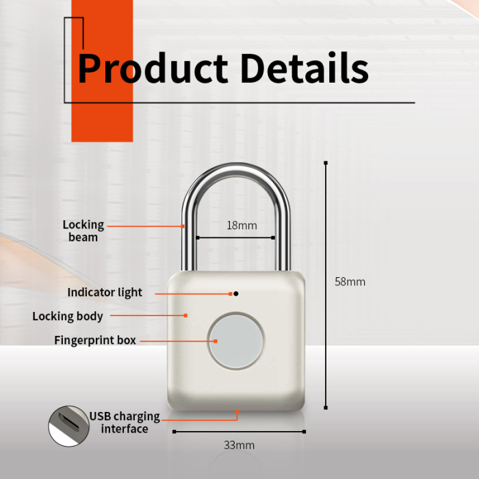 Тип-C Перезаряжаемая идентификация отпечатков пальцев Smart Padlock