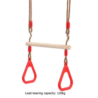 Swing Rope Seat Garden Toy Swings Children Wooden Trapeze Swing Bar with Plastic Gym Rings for Outdoor Fitness Toy
