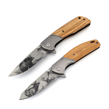 Wooden handle 3D Patterned Blade Outdoor Military Knife