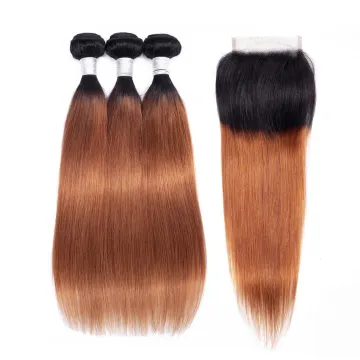 Full Cuticle Aligned Silky 1b/30 Ombre Bundles with Closure Straight Brazilian Hair Bundles 100% Virgin Human Hair Extensions