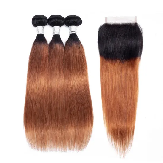 Full Cuticle Aligned Silky 1b/30 Ombre Bundles with Closure Straight Brazilian Hair Bundles 100% Virgin Human Hair Extensions