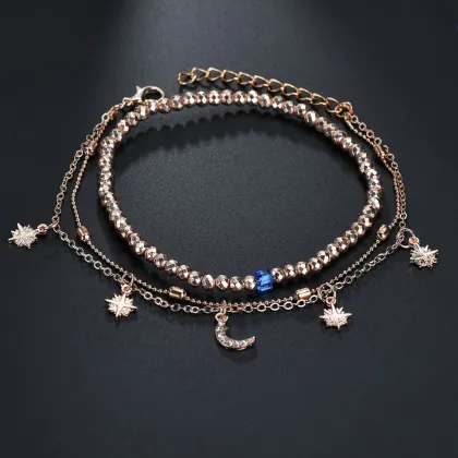 Summer multi layer women's Beaded star moon Anklet Adjustable for Women Girls