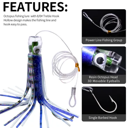 Sea Fishing Squid Skirt Boat Trolling Bait Set - 6pcs Resin Jig Heads with Hooks for Big Octopus Lures