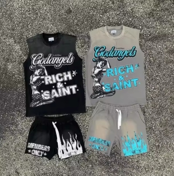 Vintage Distressed DTG Printed 100% Cotton Tank Top and Shorts Set for Men's Summer