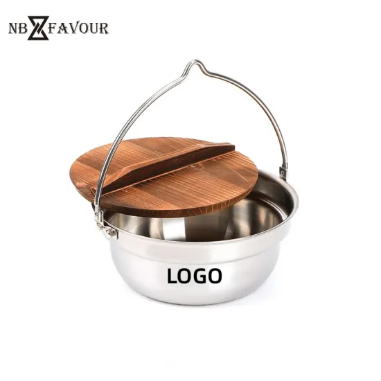 Multi-Function Camping Pot Stainless Steel Hanging Pot with Wood Lid and Handle