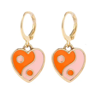 Enamel Heart Shaped Tai Chi Yin Yang Earrings in INS Style: Black, Pink, Blue, Green, and Orange Jewelry for Women