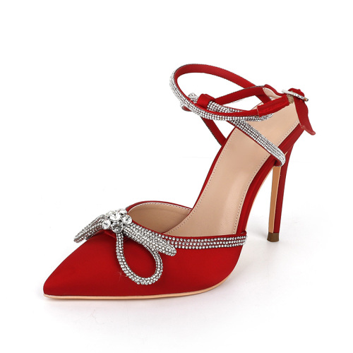 Pointed-Toe Rhinestone Bow Backless Heels
