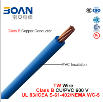 Tw, Building Wire, 600 V, Class B Cu/PVC (UL 83/ICEA S-61-402/NEMA WC-5)