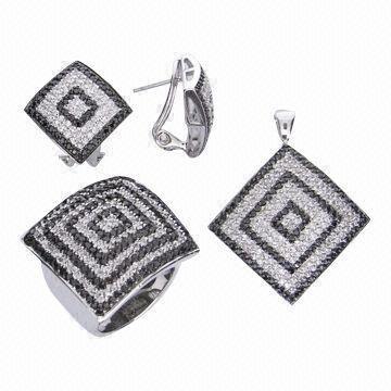 Silver Jewelry Set with Pave Setting Cubic Zirconia and Black Rhodium and Rhodium Plating