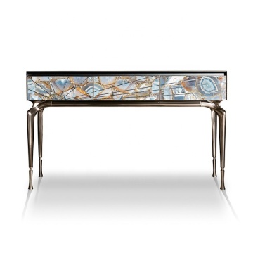 Luxury Agate Marble Console Table with Drawer by Italian Vintage Stainless Steel Brand