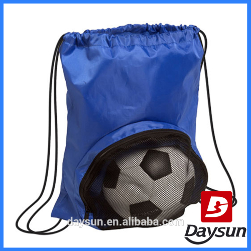 Nylon sport drawstring backpack bag with ball mesh pocket