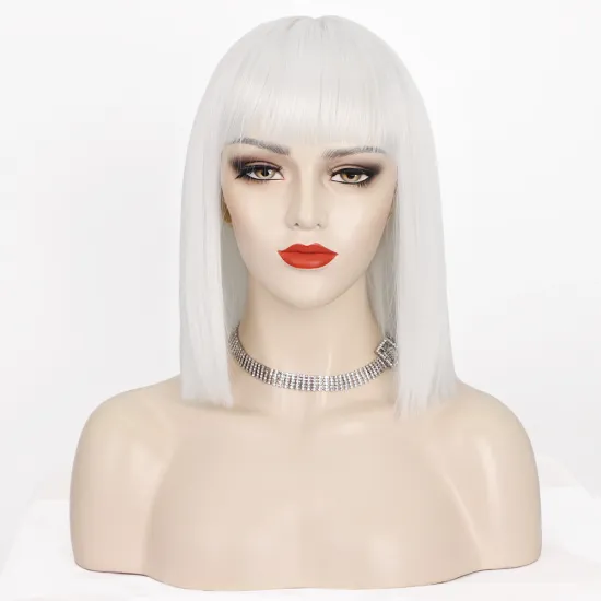 Women's Silve Color Short Bob Wig with Hair Bang Silky Synthetic None Lace Hair Wig Heat Resistant Short Straight Wave Wig