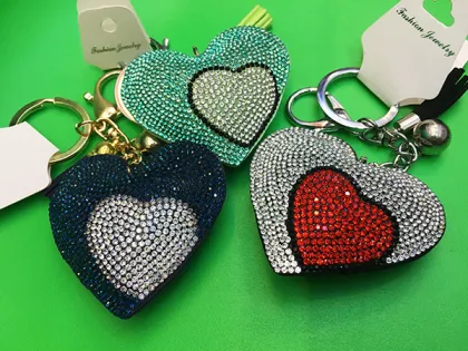 Heart Pendant Multicolor Rhinestone Leather Fringed Keychain