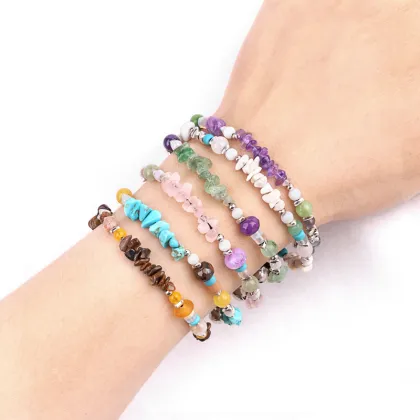 Natural Picasso Stone Chip Stone Beads Handmade Woven Silver Bell Bracelets for Women Girls