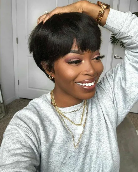 Non Lace Machine Made Short Pixie Straight Human Hair Wig Color 1B For Africian American 100% Pixie Short Wigs For Black Women