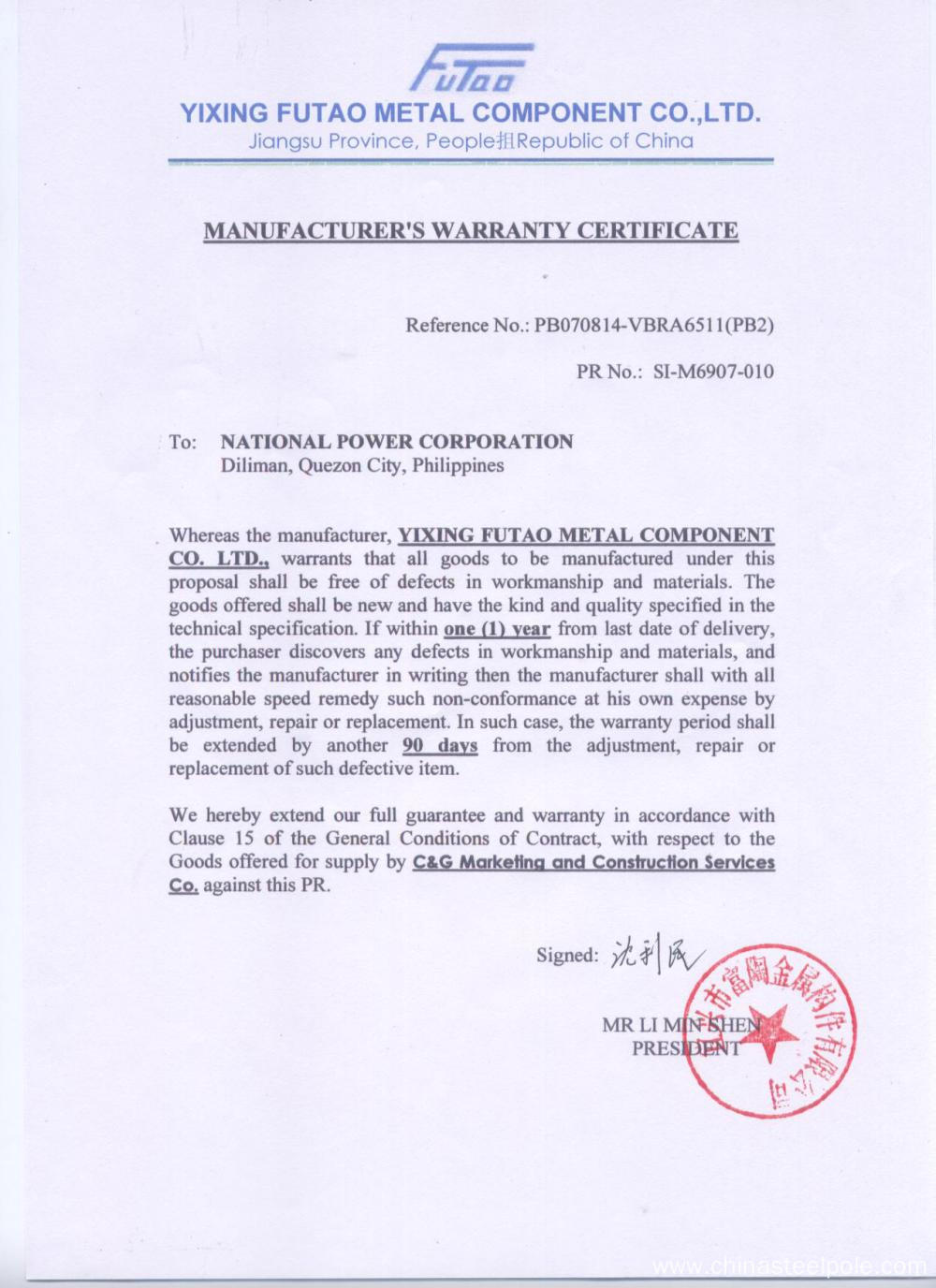 manufacturer's warranty certificate