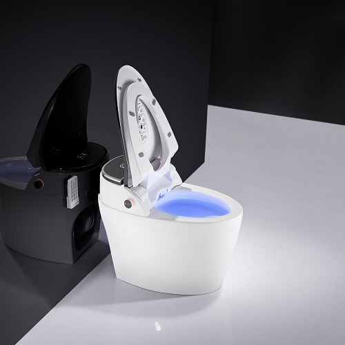 Toileiro inteligente de luxo, vaso sanitário inteligente montado no piso preto