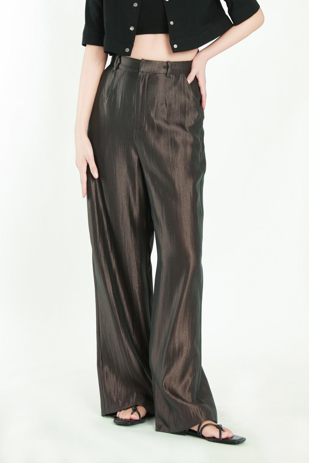 Women's Brown And Grey Woven Wide-Leg Trousers