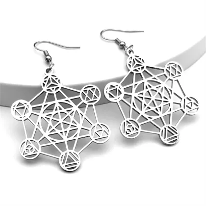 Stainless Steel Silver Metatron Cube Earrings with Star of David