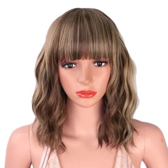 Soft Cheap Glueless Water Wave Synthetic Hair Natural Textured Highlight Mixed Brown Black Short Curly Bob Wig