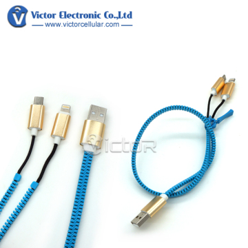 Unique Dual Head Metal Zpper Data USB Charger Cable for Iphone 6 Mobile Phone