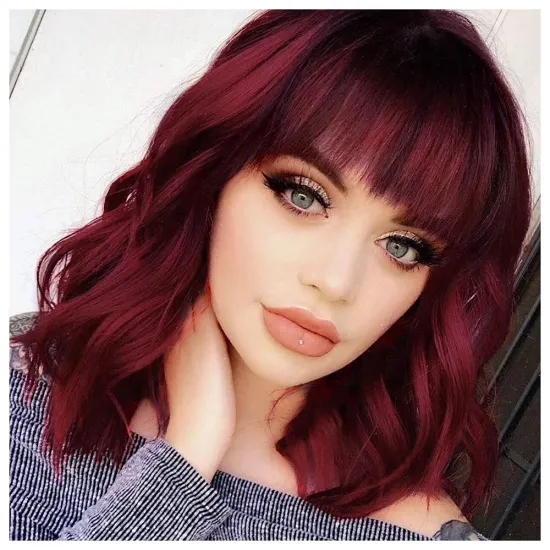 Synthetic Short Wigs with Bangs Nature Wavy Bob Wig Light Reddish Short Wig for Women Heat Resistant Wig Extensions