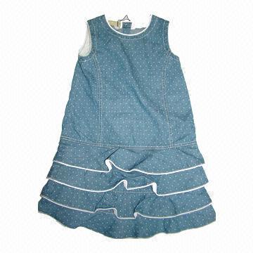 Girls' Denim Dress, White Dots Printed Denim Fabric, Four Layers Ruffled Skirts, Cotton Binding Tap