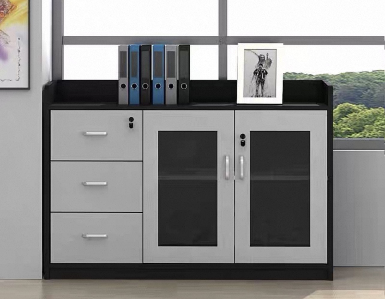 3 Drawer Glass Door Office Pantry Cabinet