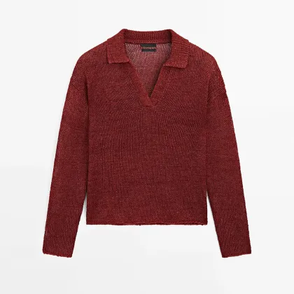 Women's 100% linen polo shirt collar knit sweater