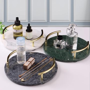 Gold Handle Round Marble Dinner Table Tray for Weddings and Buffets